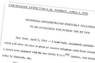Mobile phone turns 40: Motorola press release from April 3, 1973