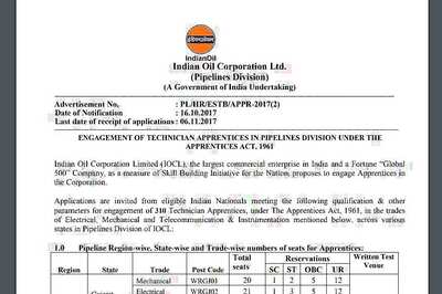 IOCL Pipelines Recruitment 2017 – 310 Technician Apprentice Vacancies Open at iocl.com