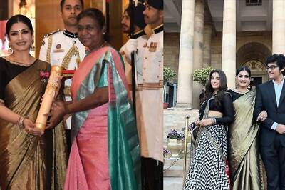 Pics: Raveena Tandon Looks Timeless In Golden Saree For Padma Awards 2023