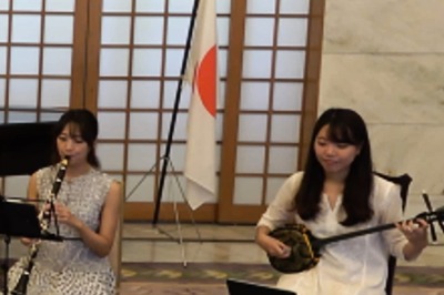 Official at the Japanese Embassy Performs Jana Gana Mana on the Sanshin During I-Day Celebrations